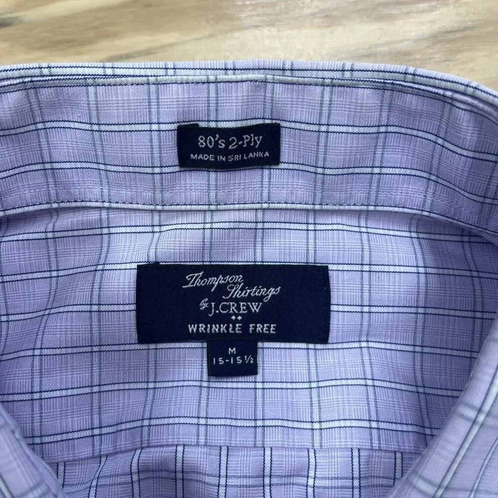J. Crew Thompson Shirtings Wrinkle Free Purple White Plaid Check Size M 15 15.5